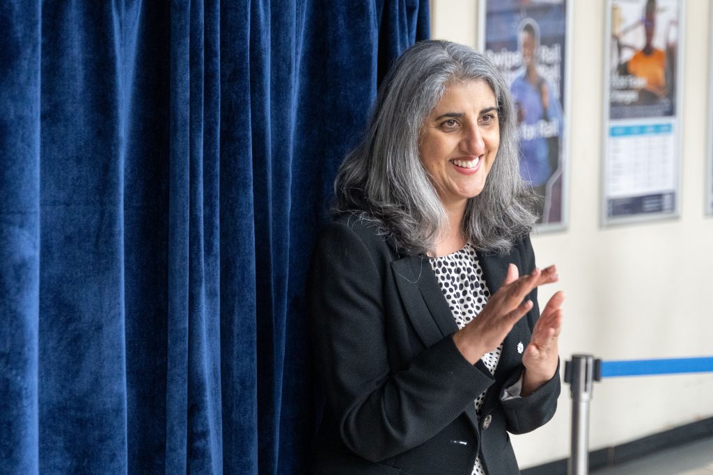 Kilvinder Vigurs, Depty Mayor and Equalities Commissioner speaking at Maxine Duffus Blue Plaque unveiling in Sheffield Interchange