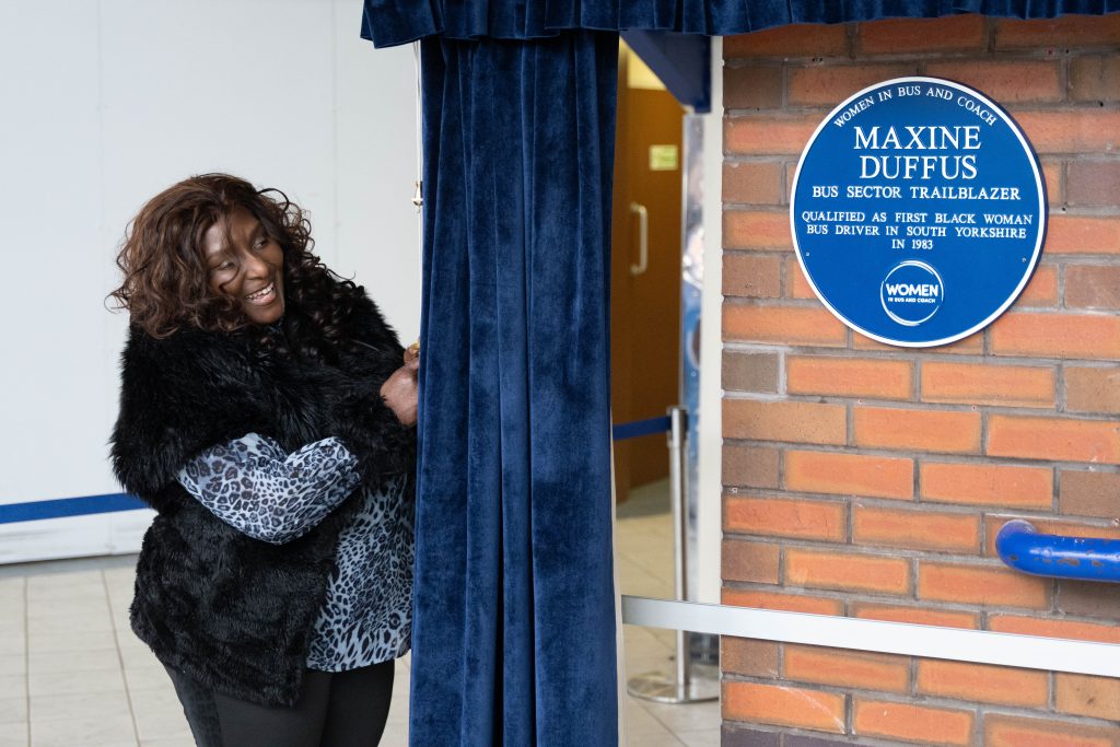 Maxine Duffus unveiling her WiBC Blue Plaque at Sheffield Interchange